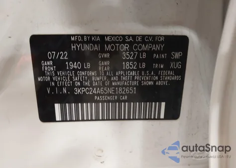 2022 Hyundai Accent Se z USA, uszkodzony, nr VIN 3KPC24A65NE182651